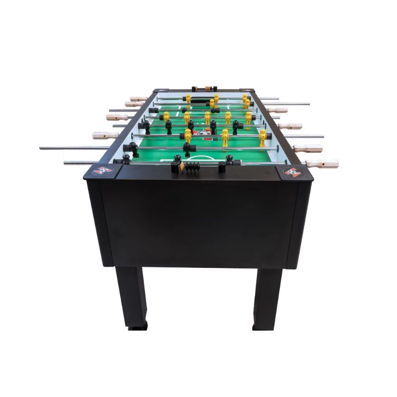 Classic Tornado Foosball table with green playing surface and black frame on a white background