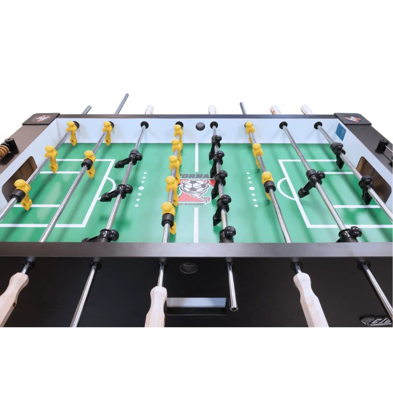 Tornado Classic Foosball Table - Close-up of table surface featuring durable rods with black and yellow players, tournament-grade design, and scorekeeper. Ideal for competitive play.