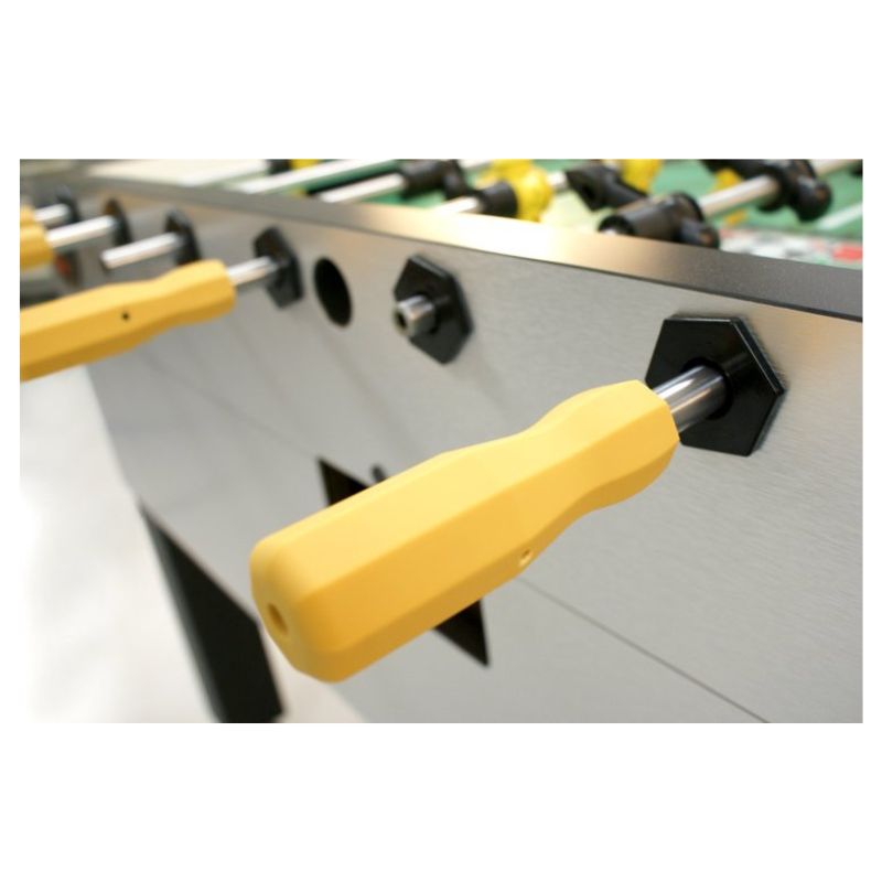 Close-up of the T 3000 Tornado Foosball Table handle with yellow grip, showcasing its sturdy design for enhanced game performance. 