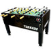  The T 3000 Tornado Foosball Table featuring a matte black design with sturdy black legs and wooden handles. Perfect for home game nights. 