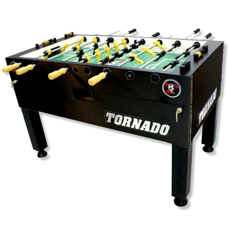  The T 3000 Tornado Foosball Table featuring a matte black design with sturdy black legs and wooden handles. Perfect for home game nights. 