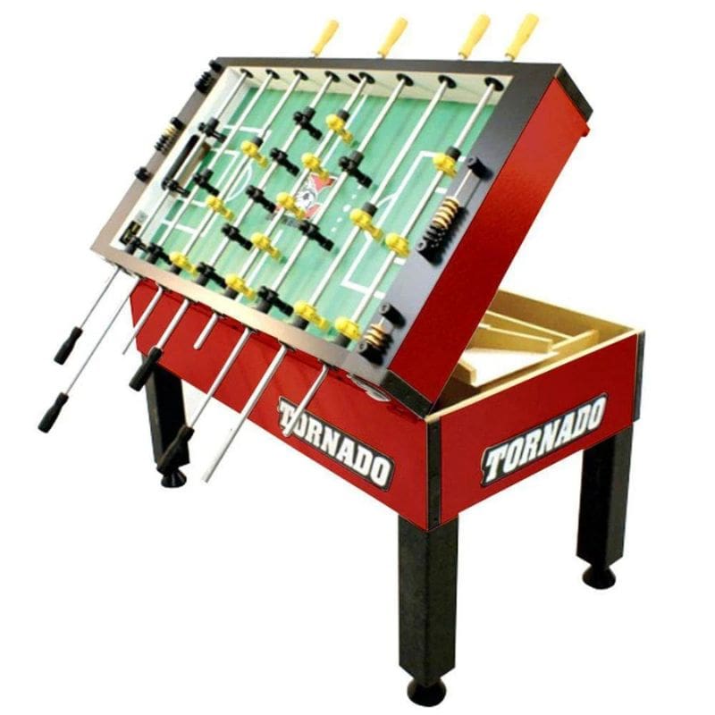  T 3000 Tornado Foosball Table with red and black design, showing a half-open playing surface, sturdy legs, and player rods, ideal for home game nights. 