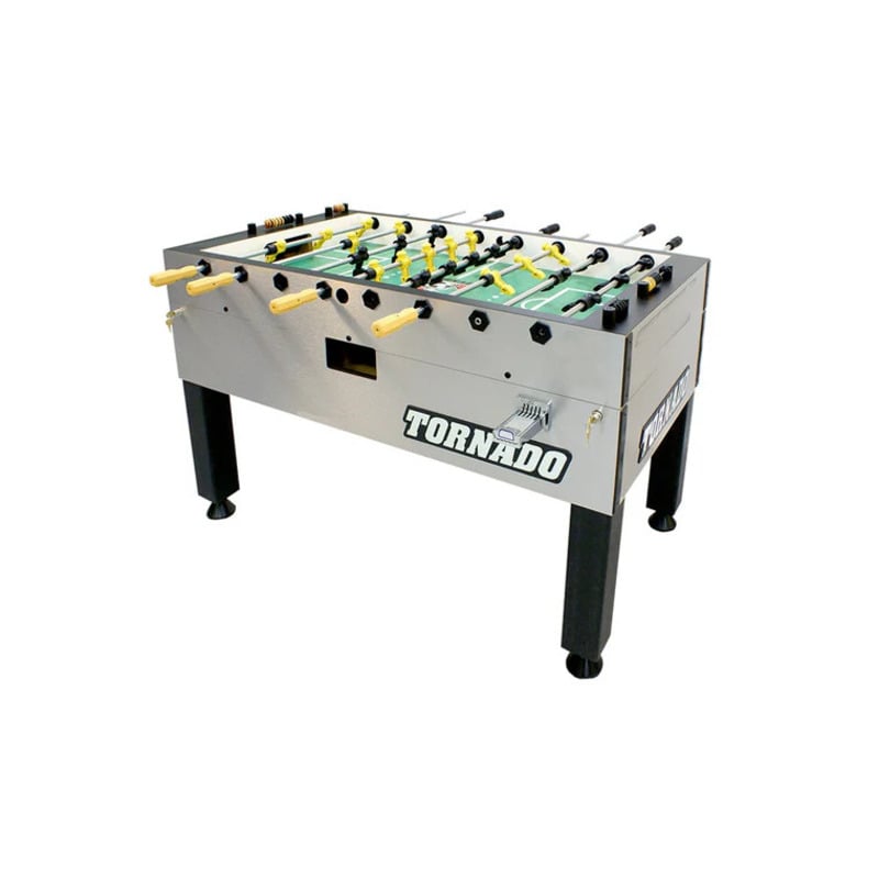 A Tornado T 3000 foosball table with silver body, black legs, and yellow handles.