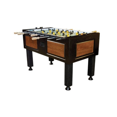 Foosball table with wooden panels on a white background