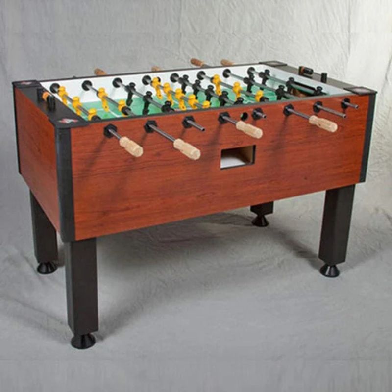 Tornado Elite Foosball table with wooden finish on a gray background