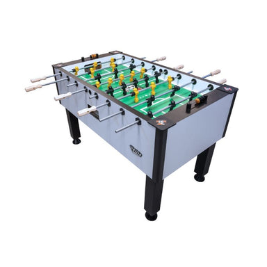 Tornado Elite II Foosball table with green playing surface and white and black legs on a white background