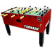  The T 3000 Tornado Foosball Table featuring a crimson red design with sturdy black legs and wooden handles. Perfect for home game nights. 