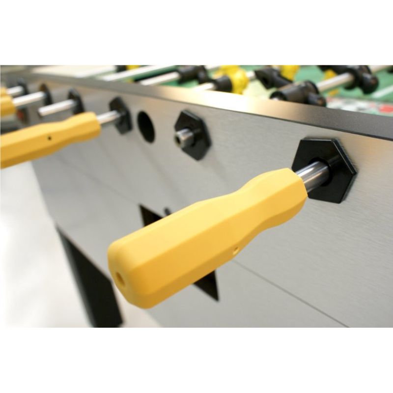 Close-up view of a foosball table handle from the Tornado Platinum Tour Edition, showcasing the yellow grip and durable construction. Ideal for recreational spaces like a mancave, it emphasizes quality and performance for foosball enthusiasts.