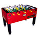 Tornado Platinum Tour Edition foosball table with a crimson red cabinet and black legs, featuring yellow and black player rods, ideal for game rooms. Available at The Mancave Authority.