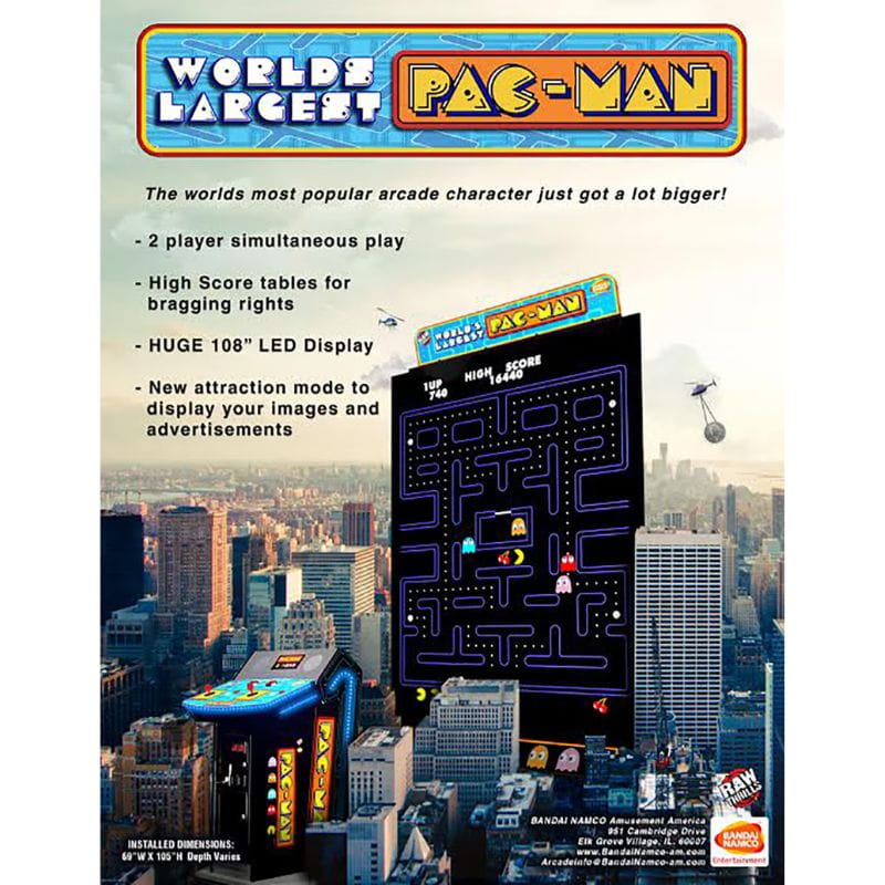 Advertisement for the 'World's Largest Pac-Man' arcade machine with cityscape background