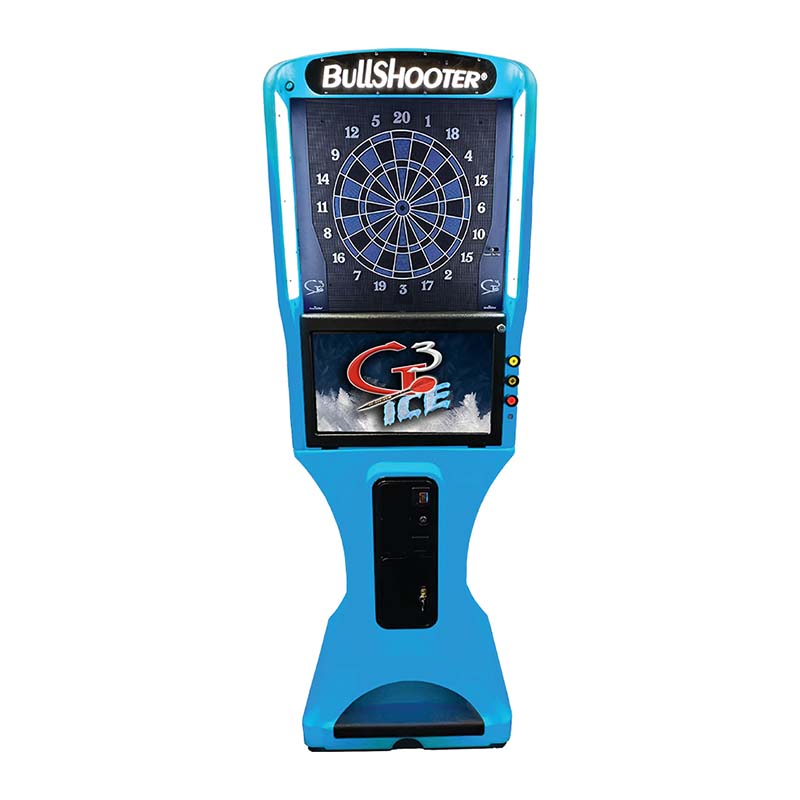 Blue G 3 electronic dartboard with digital display on a white background