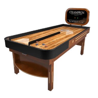 Bank Shot shuffleboard table with black sides and Champion branding on a white background