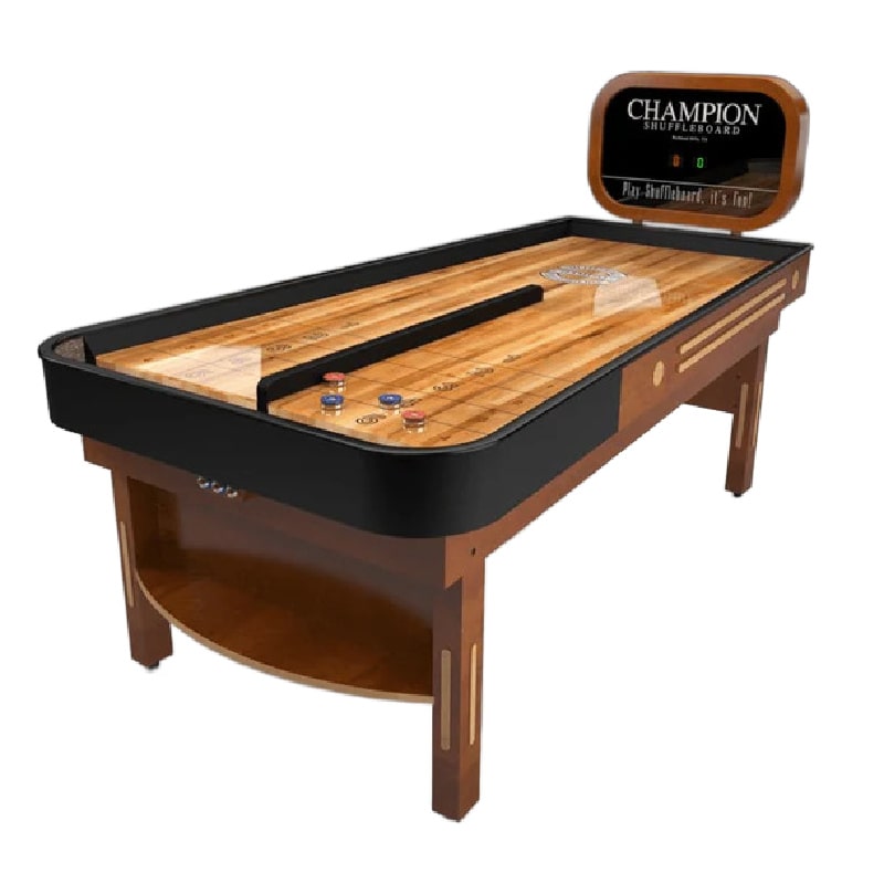 Bank Shot shuffleboard table with black sides and Champion branding on a white background