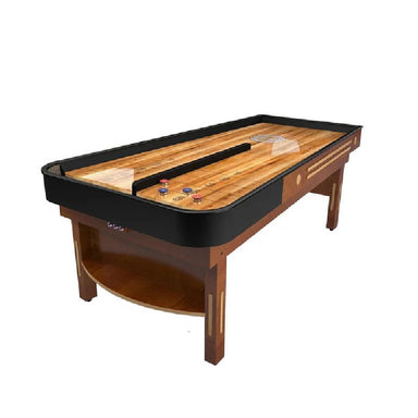 Champion Bank Shot shuffleboard table with black sides on a white background