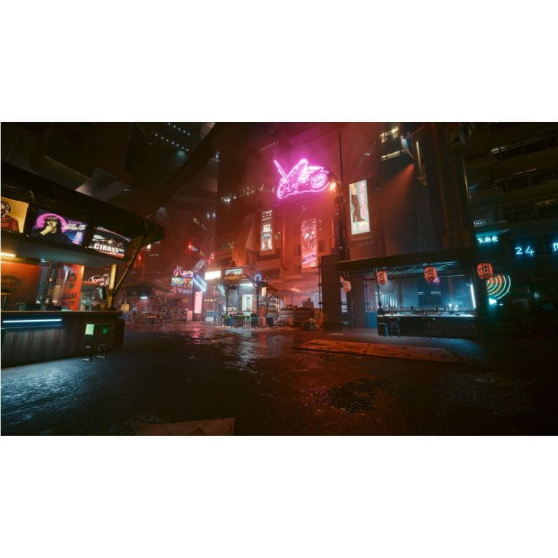 Neon-lit street scene with futuristic buildings and signs in a cyberpunk style.