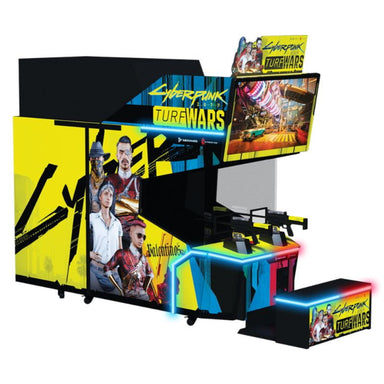 Colorful arcade machine with 'Cyberpunk: Ture Wars' branding on a white background