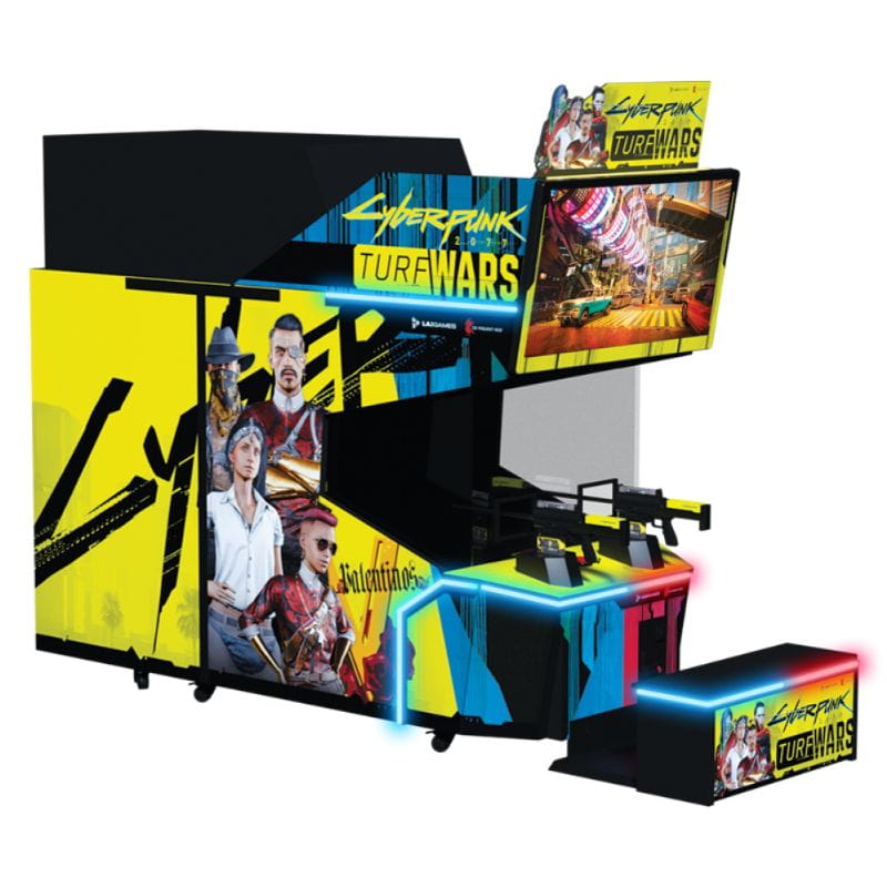 Colorful arcade machine with 'Cyberpunk: Ture Wars' branding on a white background