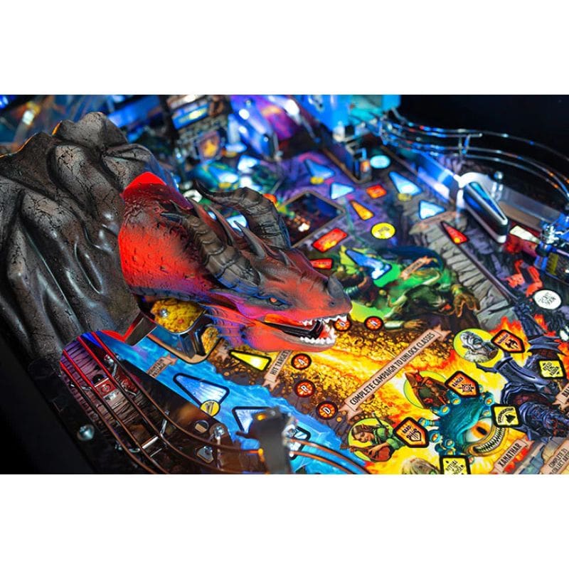 dnd pinball machine dragon head with detailed artwork and glowing elements.