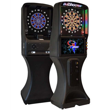 Two galaxy 3 plus electronic dart boards with digital displays on a white background