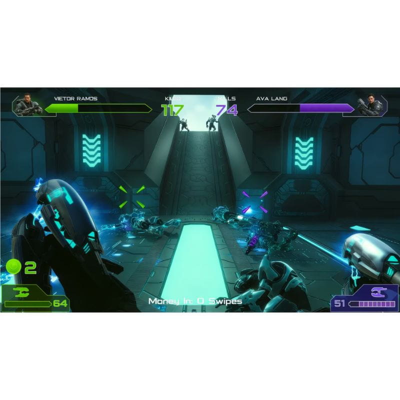 Screenshot of a first-person shooter game with character health bars and weapon information.