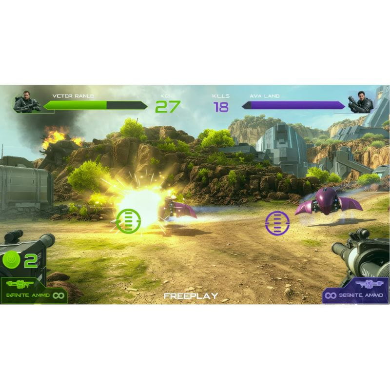 Screenshot of a video game with two characters and a landscape in the background