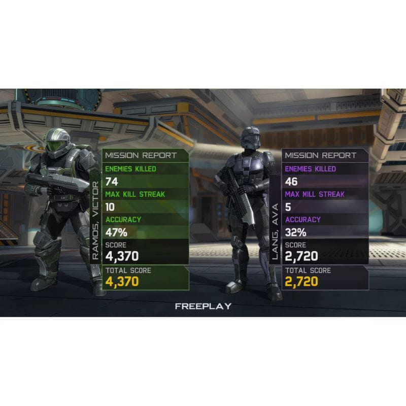 Two characters in futuristic armor with mission report stats on a screen.