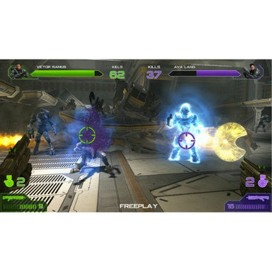 Screenshot of a first-person shooter game with characters and health bars on a white background
