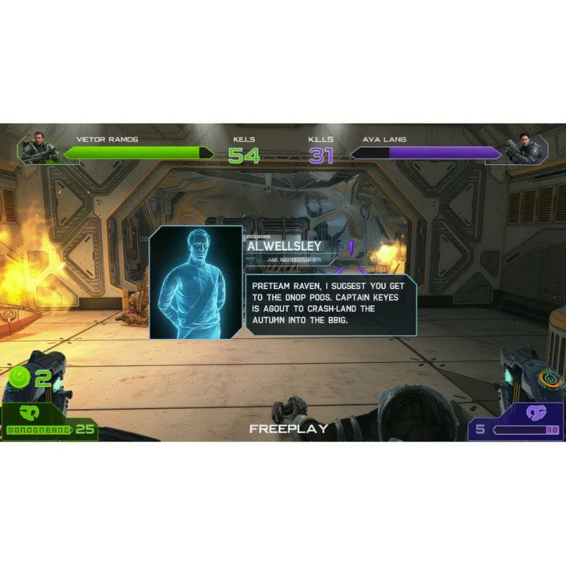 Video game interface with character portraits, health bars, and text on a white background