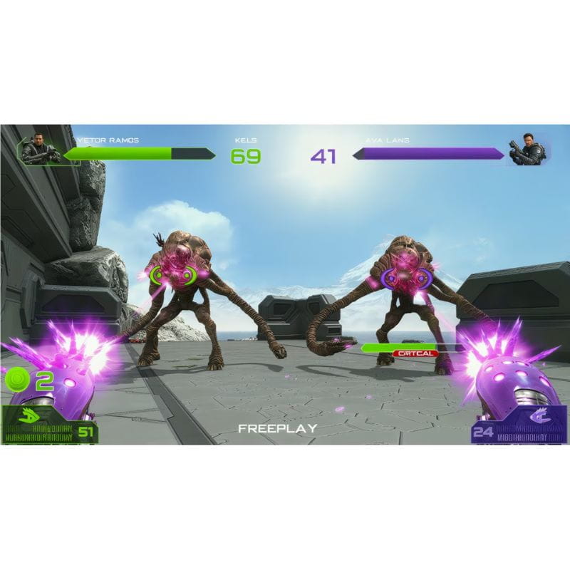 Video game screen showing a battle scene with characters and health bars.