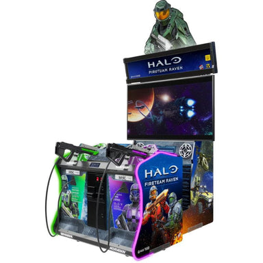 Halo-themed arcade machine with character and game screen on a white background