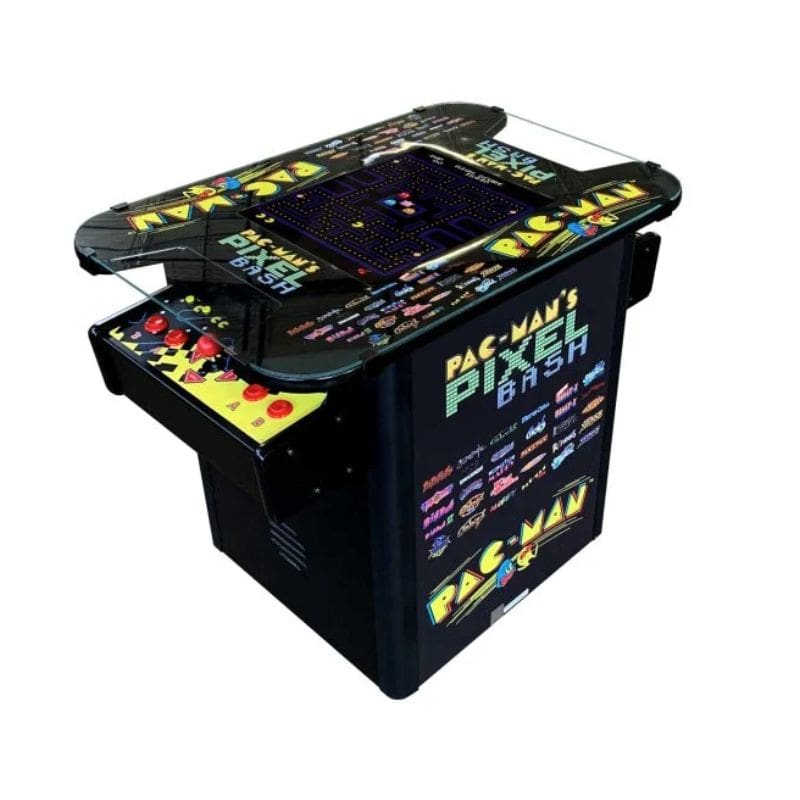 pac man pixel bash cocktail table-Tabletop arcade game machine with colorful display and controls on a white background