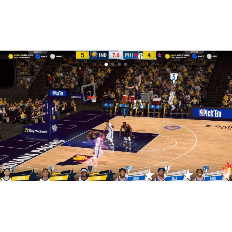 raw-thrills-NBA-Superstars in progress with players on the court and a crowd in the stands.
